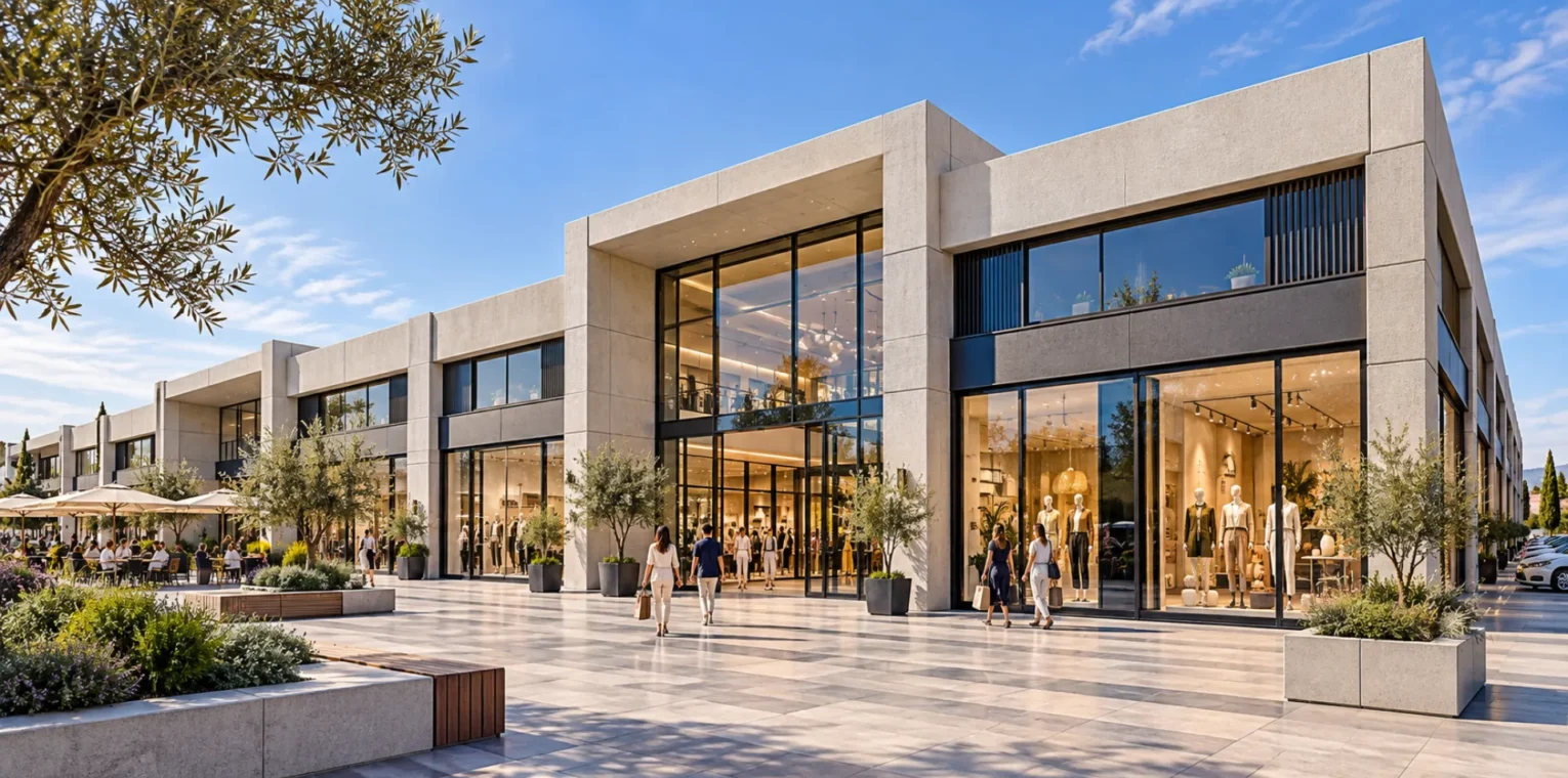 Beton prefabrik cephe elemanlarına sahip alışveriş merkezi