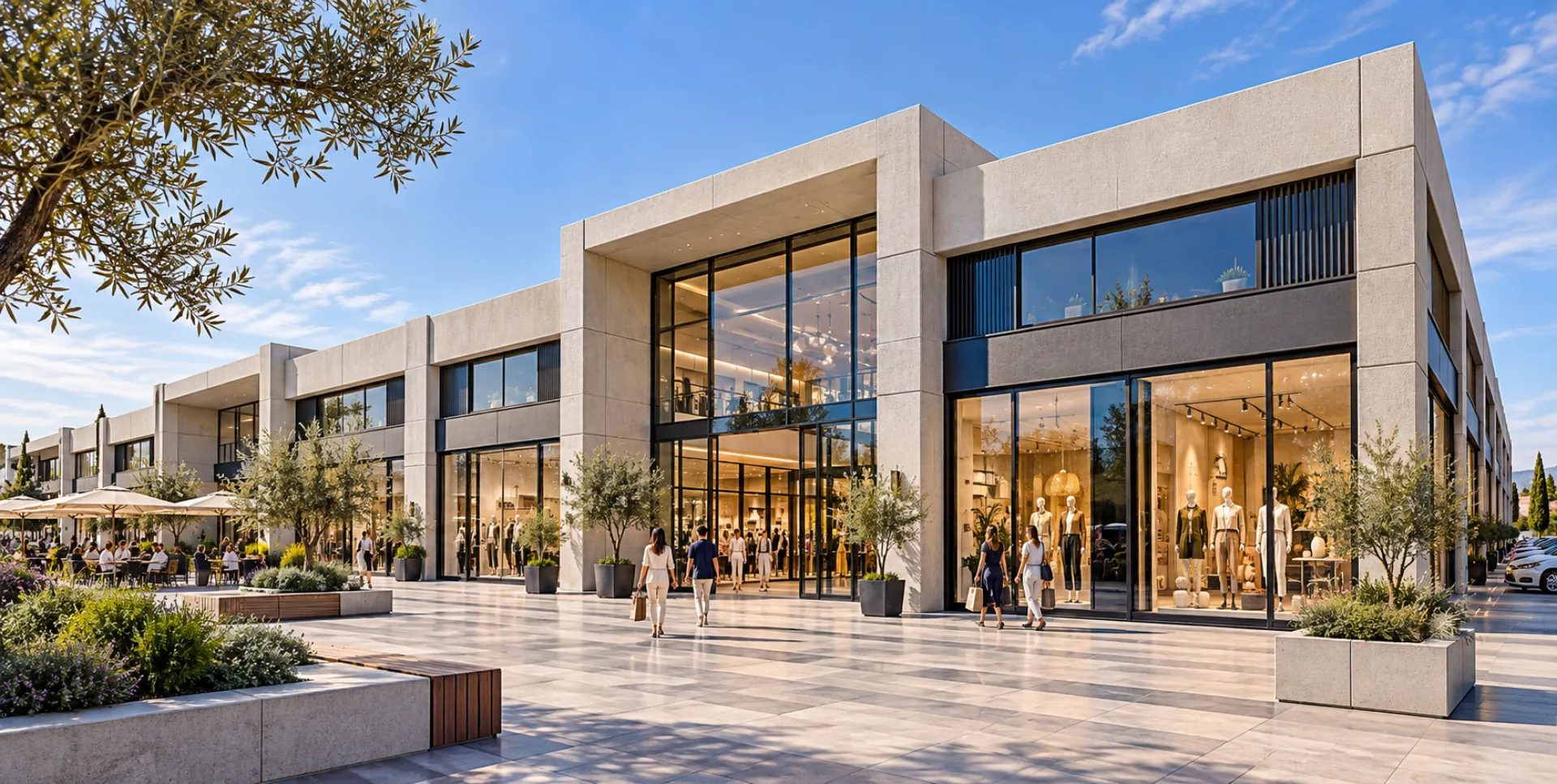 Beton prefabrik cephe elemanlarına sahip alışveriş merkezi