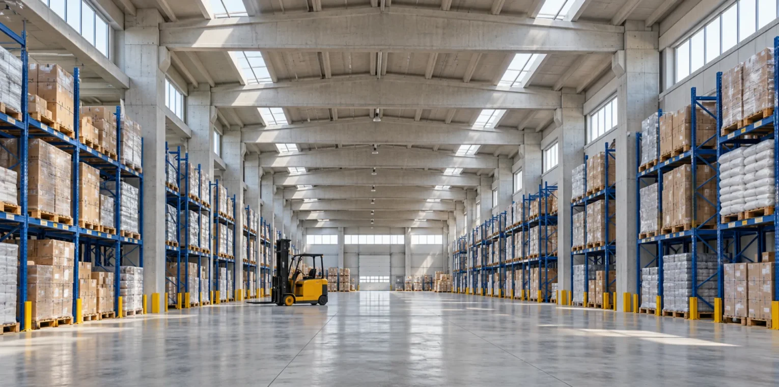 mavitas.webp Beton prefabrik taşıyıcı sistemli raflı depo iç mekânı