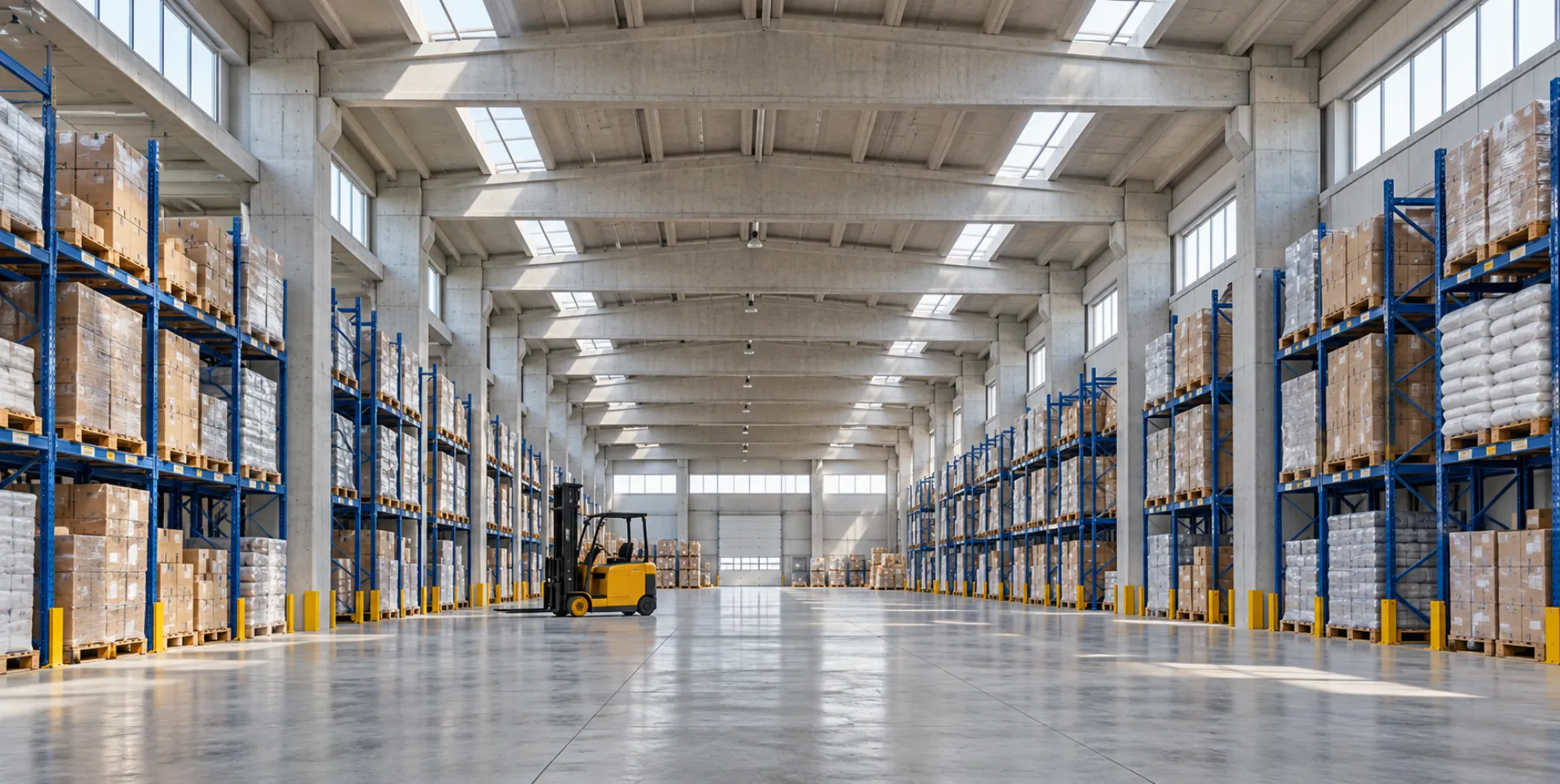 mavitas.webp Beton prefabrik taşıyıcı sistemli raflı depo iç mekânı