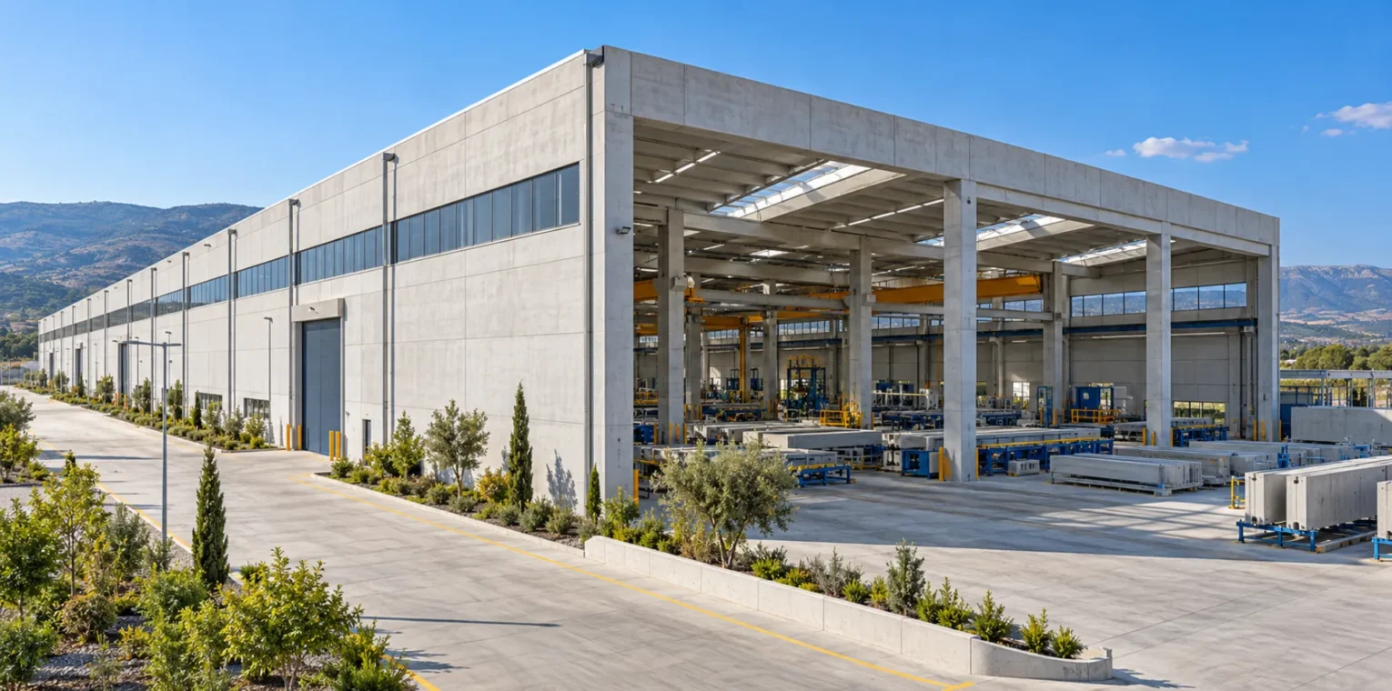 Beton prefabrik kolon ve kirişlerle oluşturulmuş fabrika yapısı