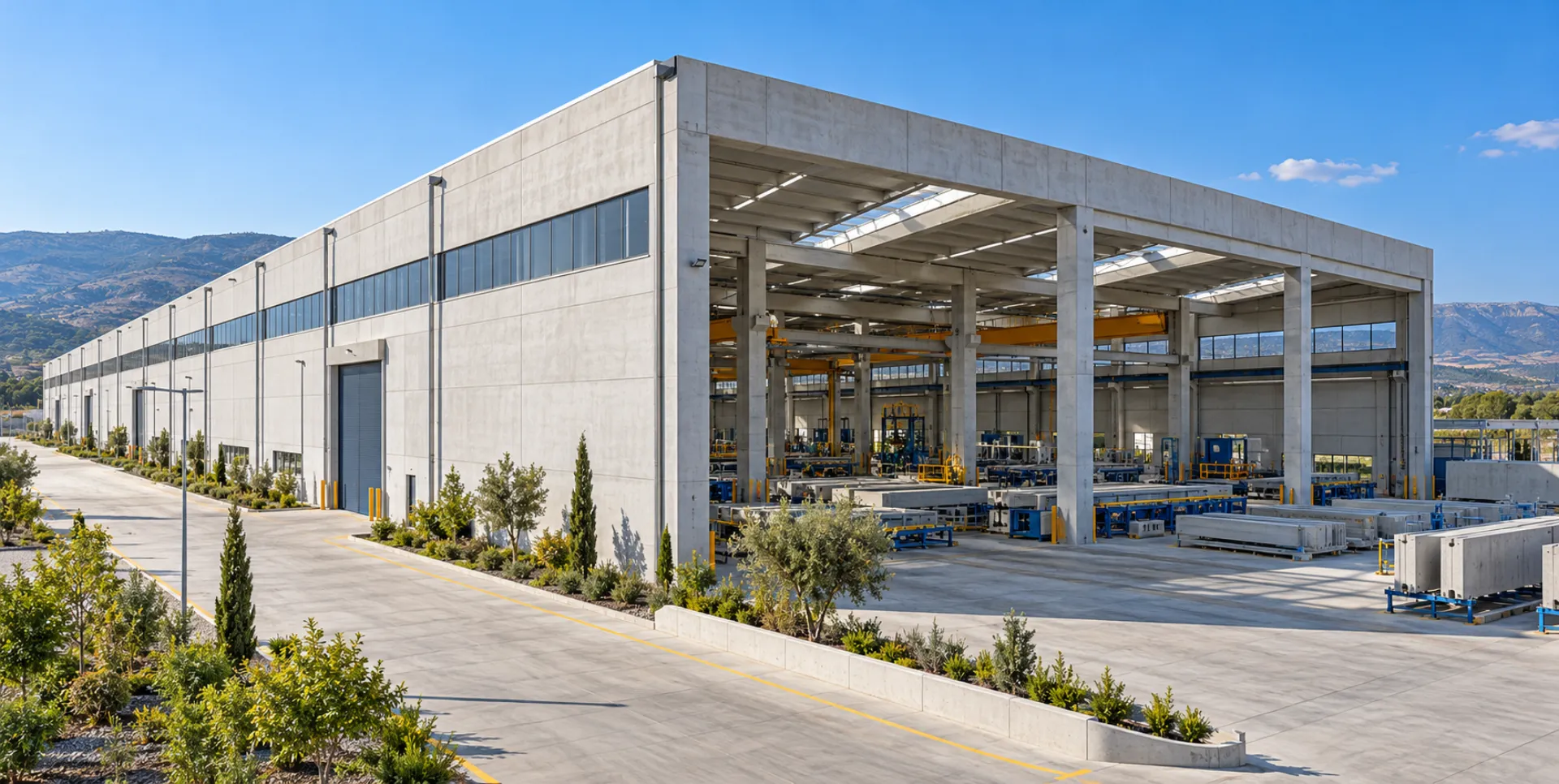 Beton prefabrik kolon ve kirişlerle oluşturulmuş fabrika yapısı