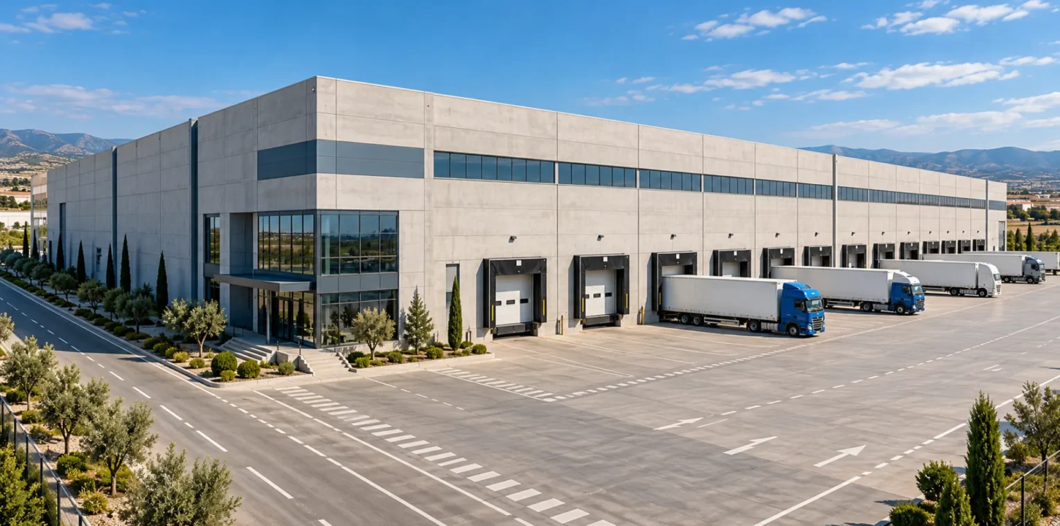 Yükleme rampaları bulunan beton prefabrik lojistik tesisi